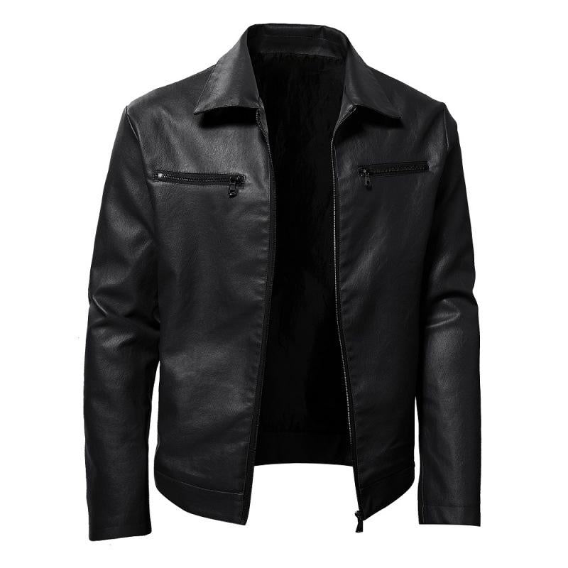 Men's Lapel Collar Zip-Up Leather Jacket