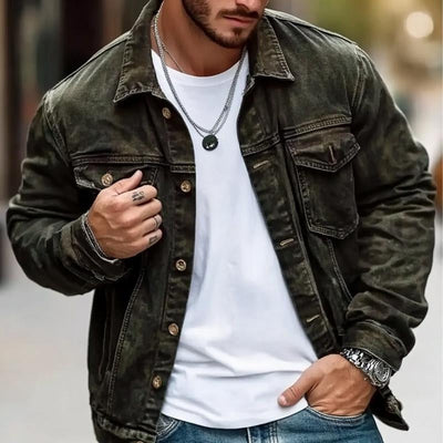 Men's Solid Vintage Lapel Button Denim Jacket