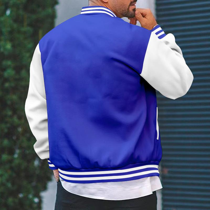 Men's Color Block Stand Collar Single Breasted Baseball Jacket