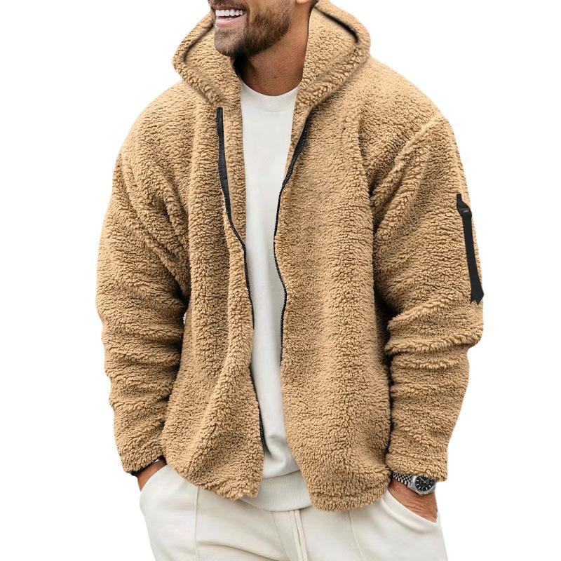 Men's Solid Color Double Fleece Warm Loose Hooded Jacket