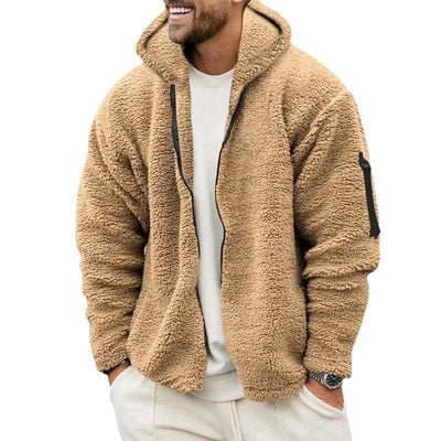 Men's Solid Color Double Fleece Warm Loose Hooded Jacket