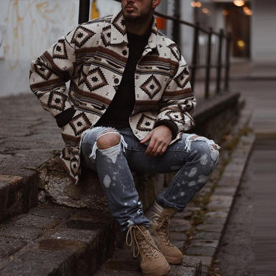 Men's Geometric Print Lapel Button Jacket