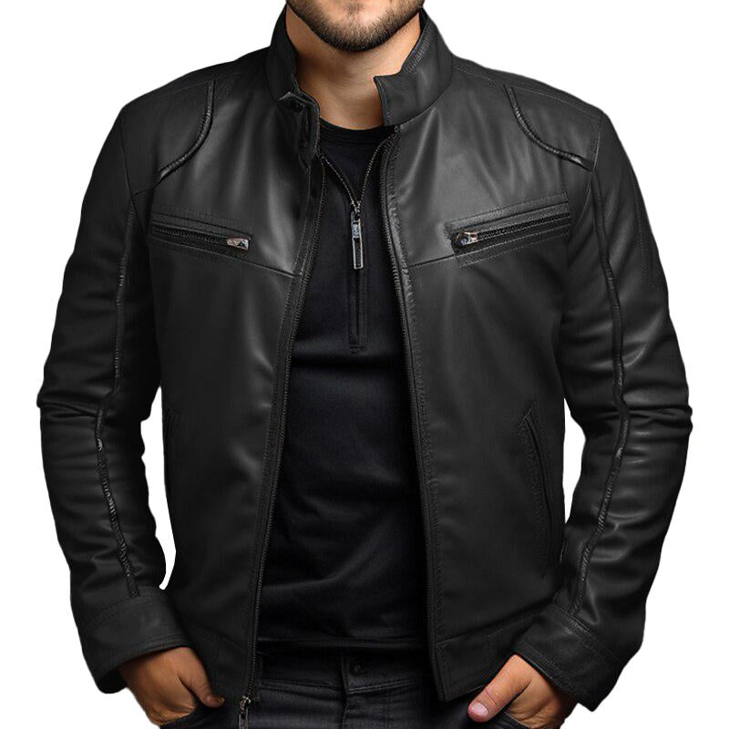 Men's Vintage Stand Collar Zipper Slim Leather Jacket