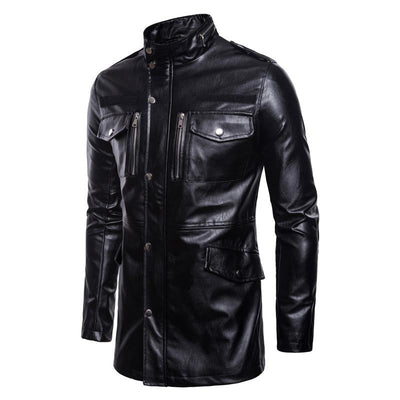 Men's Solid Color Stand Collar Leather Motor Jacket