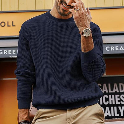 Men's Solid Color Crew Neck Pullover Waffle Knit Sweater 33644630X