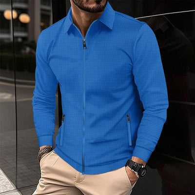 Men's Solid Waffle Lapel Long Sleeve Zipper Jacket