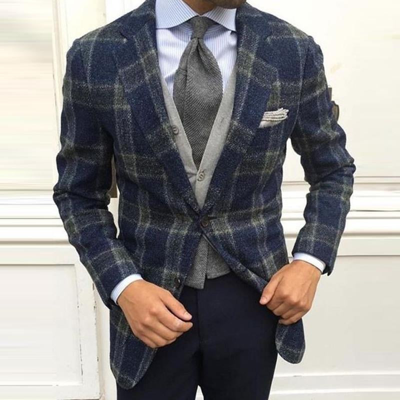 Classic Plaid Wool Blended Notched Lapel Single Breasted Patch Pocket Blazer