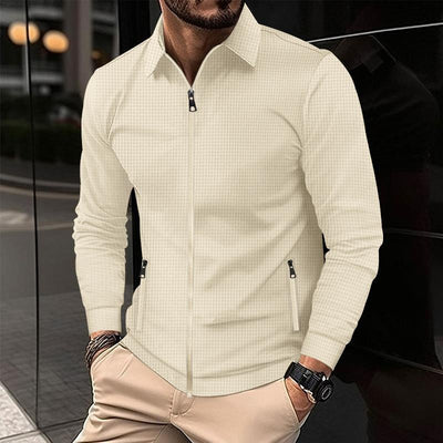 Men's Solid Waffle Lapel Long Sleeve Zipper Jacket