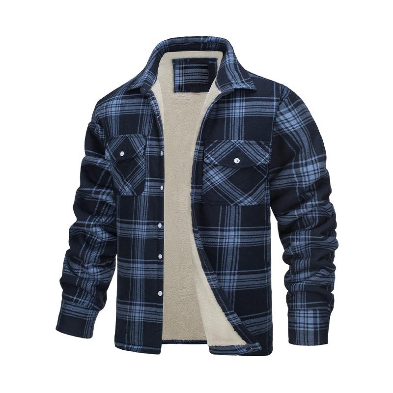Men's Classic Casual Long Sleeve Lapel Plaid Plush Jacket
