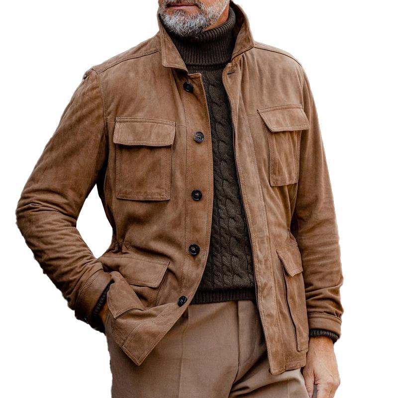 Men's Vintage Lapel Multi Pocket Solid Suede Jacket