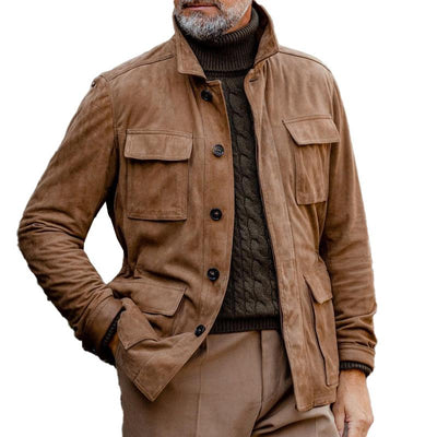 Men's Vintage Lapel Multi Pocket Solid Suede Jacket