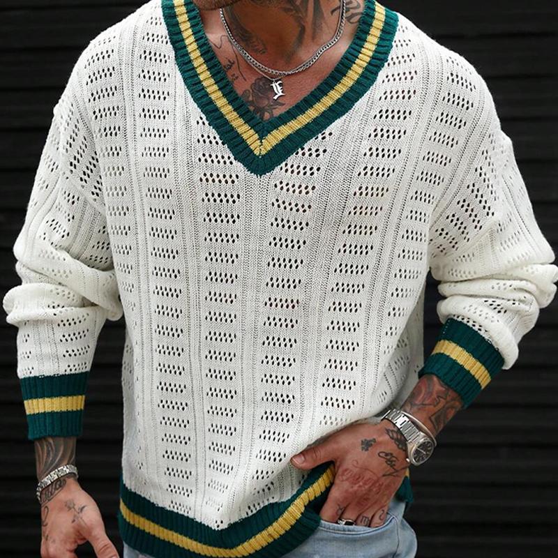 Men's Colorblock Knitted V-Neck Sweater 87603736X