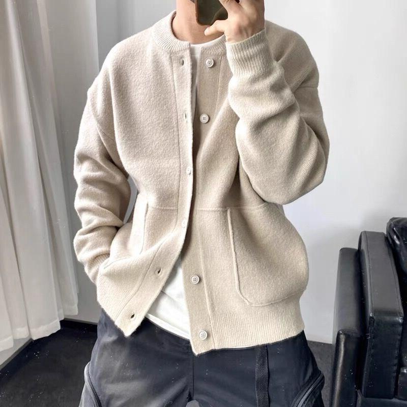 Men's Solid Round Neck Single Breasted Knit Cardigan 02767758Z