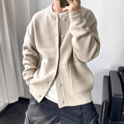 Men's Solid Round Neck Single Breasted Knit Cardigan 02767758Z