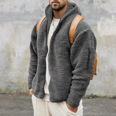 Men's Solid Color Double Fleece Warm Loose Hooded Jacket