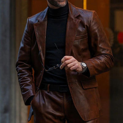 Vintage Red Brown Two Button Leather Blazer