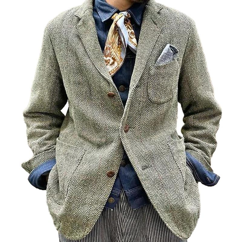 Vintage Herringbone Single-Breasted Lapel Multi-Pocket Blazer