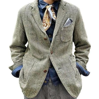 Vintage Herringbone Single-Breasted Lapel Multi-Pocket Blazer