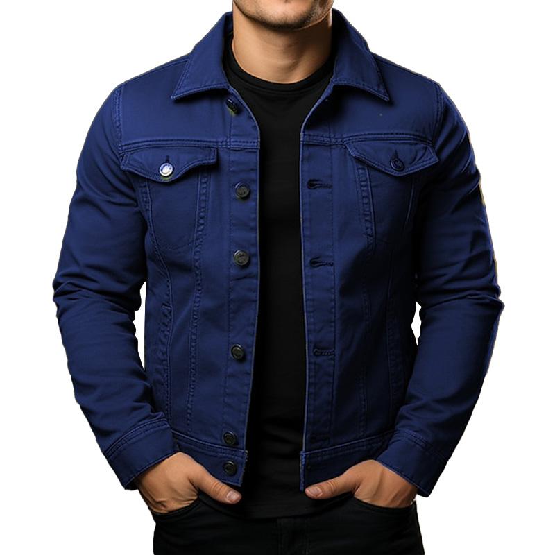 Men's Classic Solid Color Lapel Single Breasted Cargo Denim Jacket