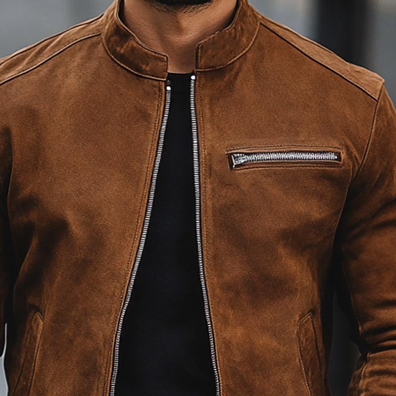 Men's Simple Stand Collar Suede Zip-Up Jacket
