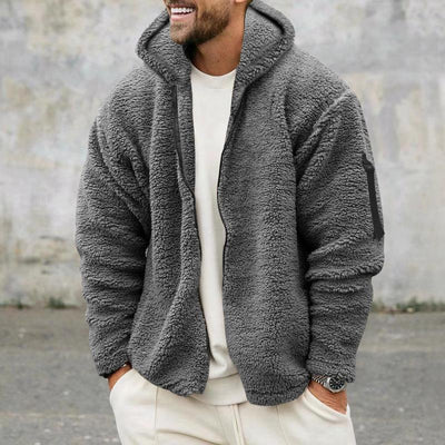 Men's Solid Color Double Fleece Warm Loose Hooded Jacket