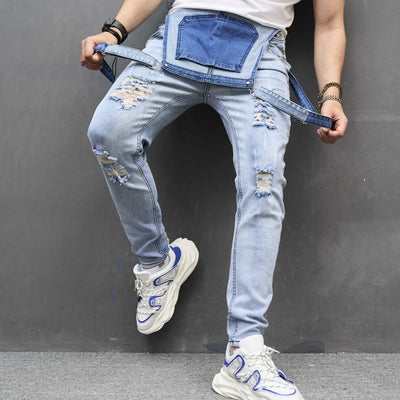 Men's Casual Solid Color Washed Ripped Denim Overalls 04755632Y