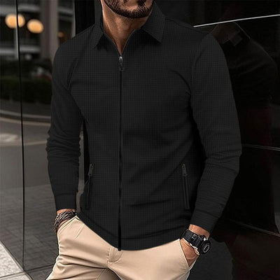 Men's Solid Waffle Lapel Long Sleeve Zipper Jacket