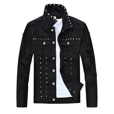 Men's Riveted Motorcycle Denim Ripped Jacket