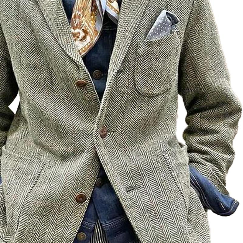 Vintage Herringbone Single-Breasted Lapel Multi-Pocket Blazer