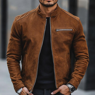 Men's Simple Stand Collar Suede Zip-Up Jacket