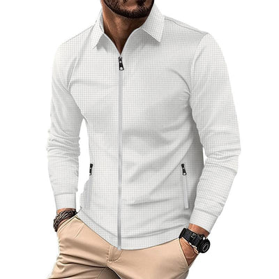 Men's Solid Waffle Lapel Long Sleeve Zipper Jacket