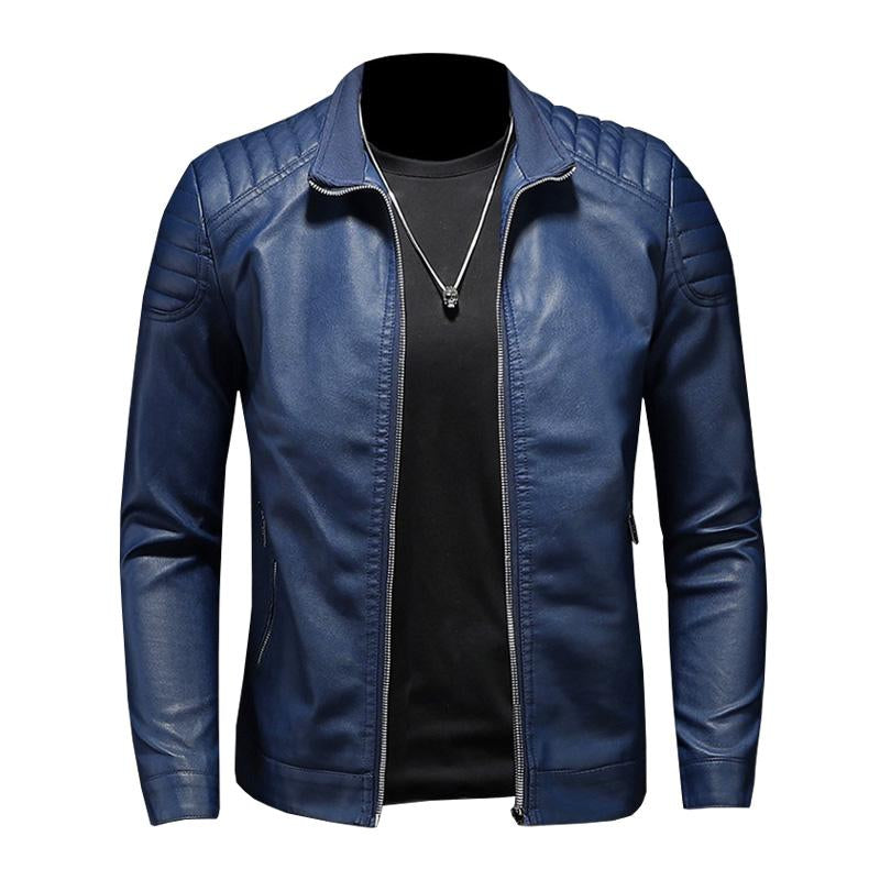 Men's Casual Stand Collar Zipper Slim Leather Jacket