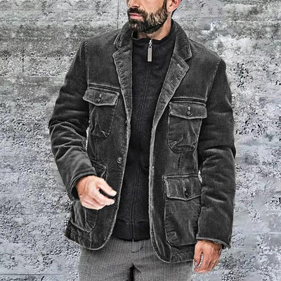Men's Lapel Solid Color Multi-Pocket Jacket
