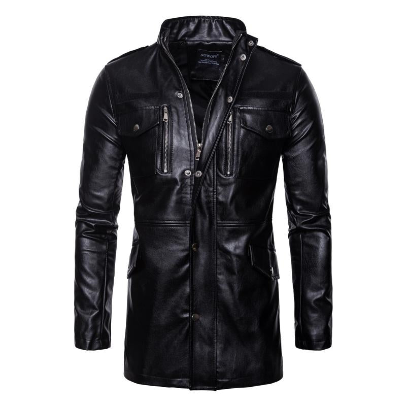 Men's Solid Color Stand Collar Leather Motor Jacket