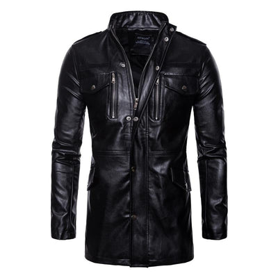 Men's Solid Color Stand Collar Leather Motor Jacket
