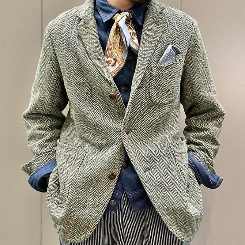 Vintage Herringbone Single-Breasted Lapel Multi-Pocket Blazer