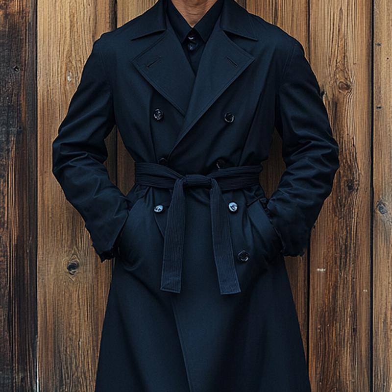 Men's Vintage Black Double Breasted Long Trench Coat 95286862U