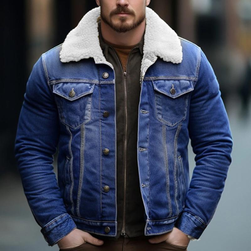 Men's Casual Teddy Fleece Insulated Long Sleeve Denim Jacket
