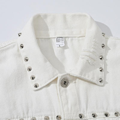 Men's Riveted Motorcycle Denim Ripped Jacket