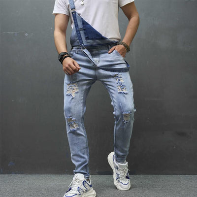 Men's Casual Solid Color Washed Ripped Denim Overalls 04755632Y