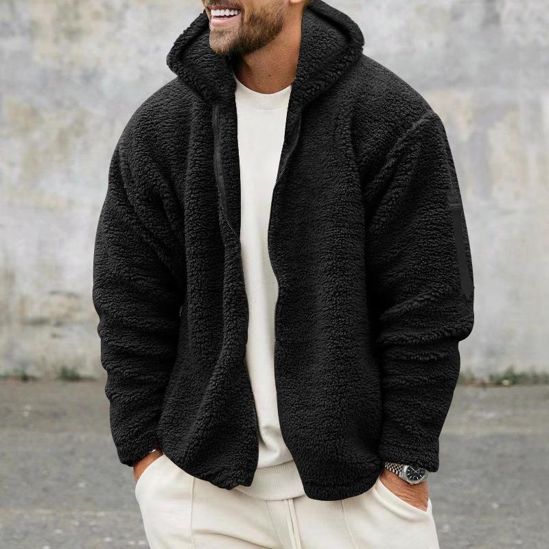 Men's Solid Color Double Fleece Warm Loose Hooded Jacket