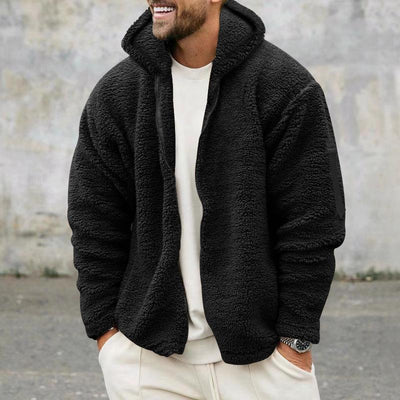 Men's Solid Color Double Fleece Warm Loose Hooded Jacket