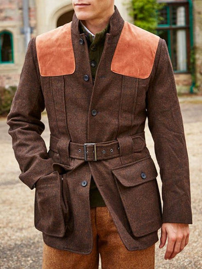 Suede Wool Patchwork Double Pocket Lace-Up Casual Jacket