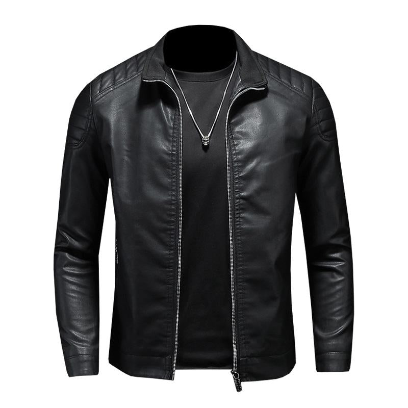 Men's Casual Stand Collar Zipper Slim Leather Jacket