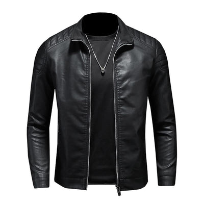Men's Casual Stand Collar Zipper Slim Leather Jacket