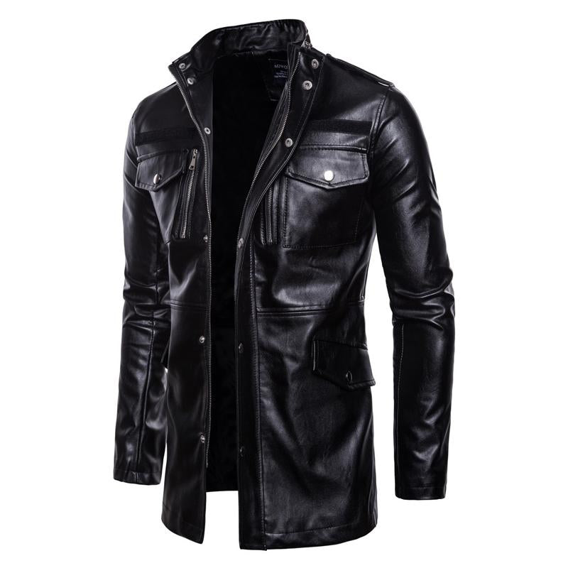 Men's Solid Color Stand Collar Leather Motor Jacket