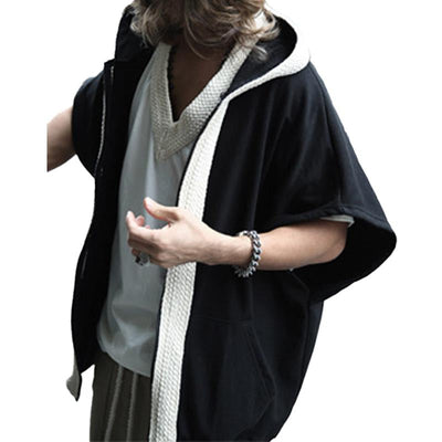 Men's Loose Color Block Hooded Short Sleeve Sweatshirt Jacket