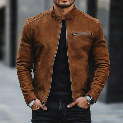 Men's Simple Stand Collar Suede Zip-Up Jacket