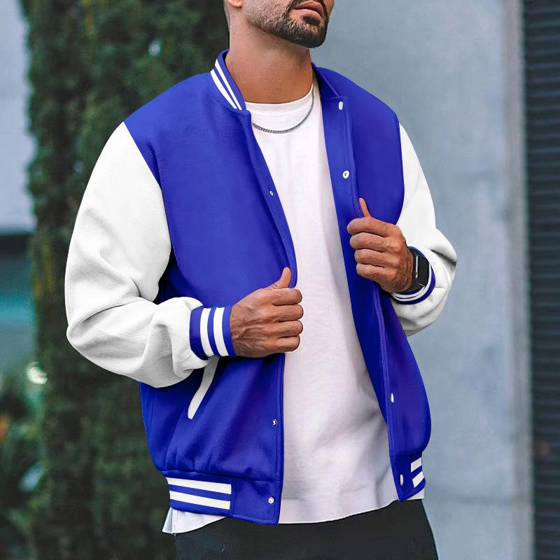 Men's Color Block Stand Collar Single Breasted Baseball Jacket