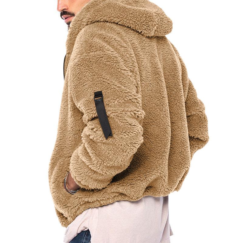 Men's Solid Color Double Fleece Warm Loose Hooded Jacket